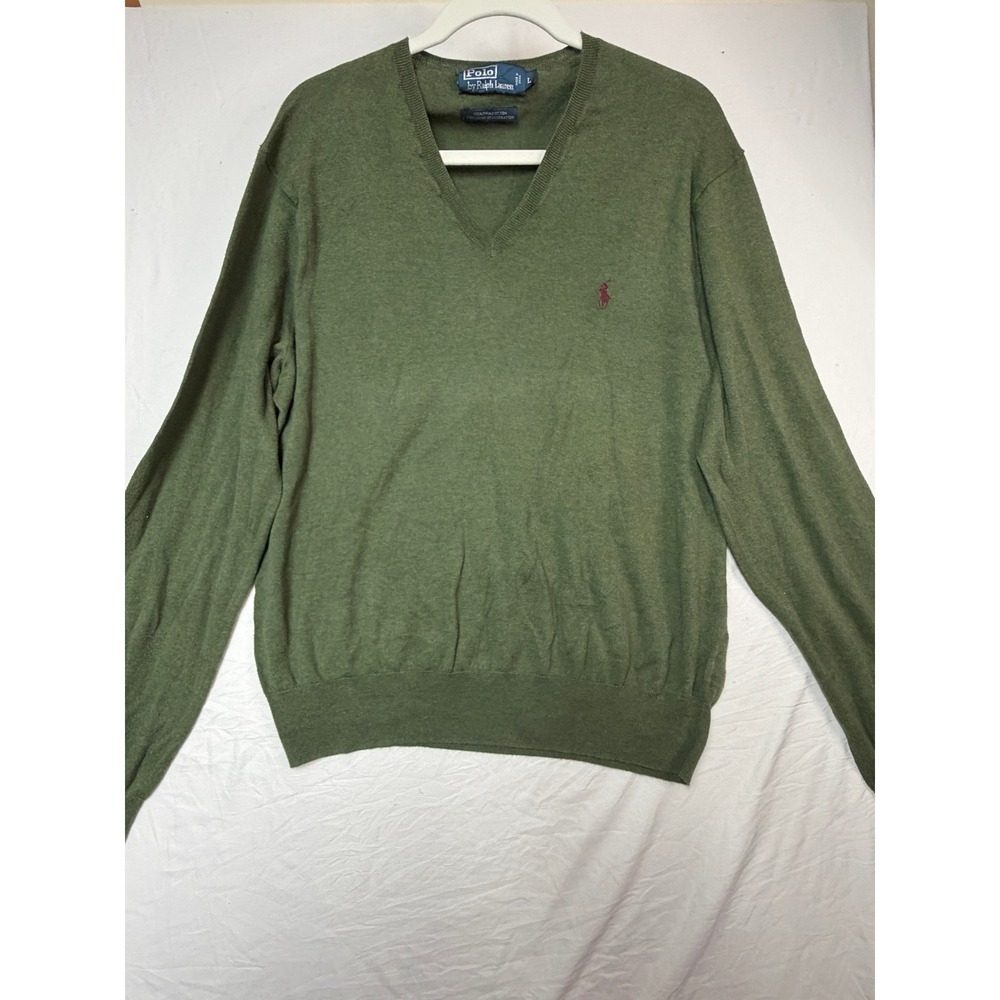 Polo Ralph Lauren Mens Green Pima Cotton V-Neck Sweater Large Olive Pony
